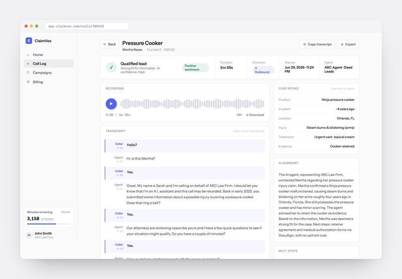 ClaimVox call detail with recording, transcript, captured case intake fields and an AI summary
